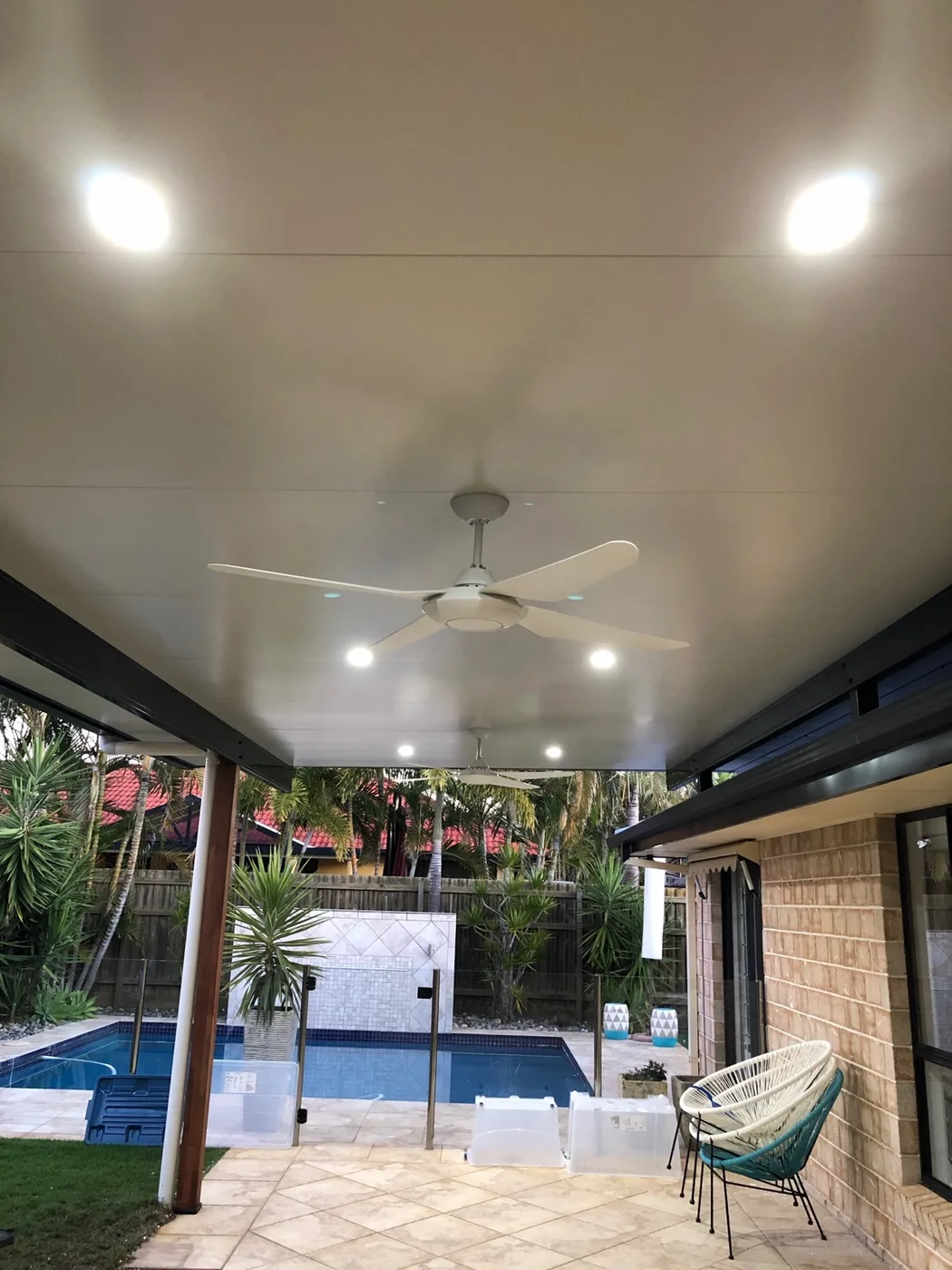 Pool patio fans and downlights